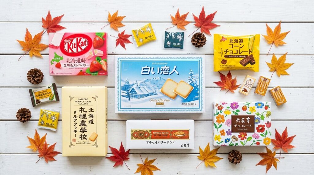 北海道人気お土産TOP5を並べたフラットレイ写真