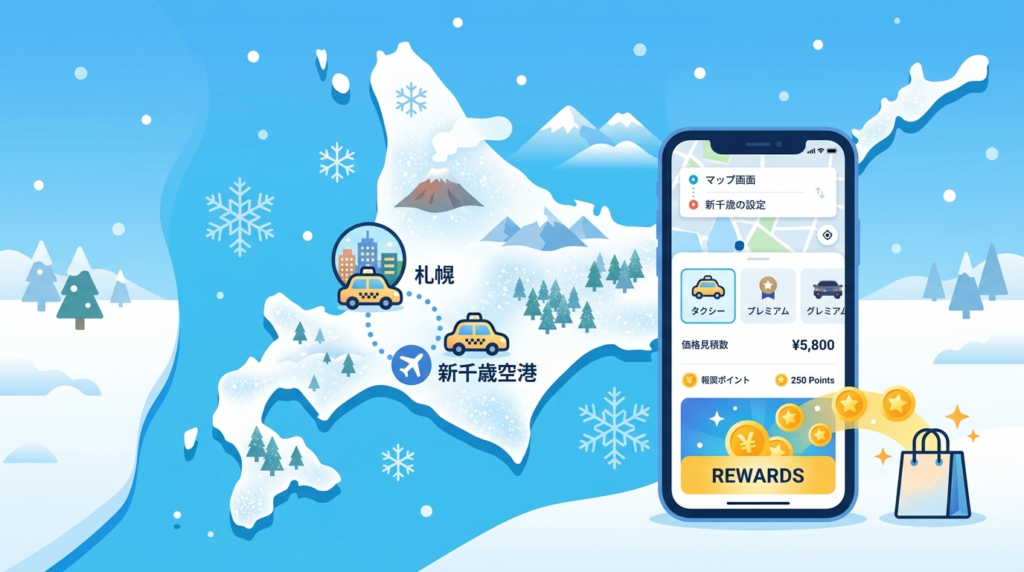 北海道地図に札幌と新千歳空港のタクシー、配車アプリとポイントを描いたイラスト