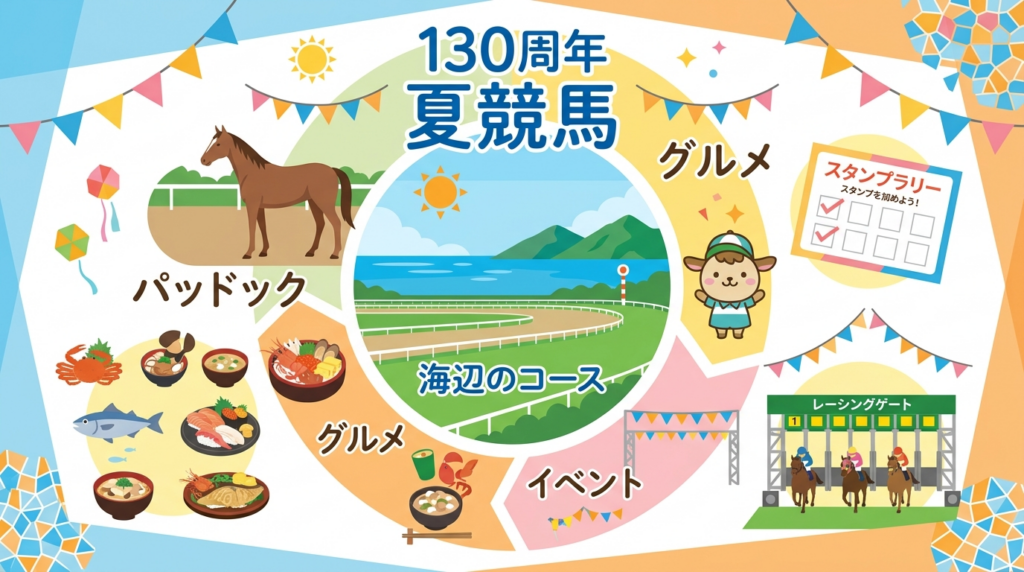 函館競馬場130周年・夏競馬の魅力(海辺のコース・グルメ・イベント)を示したインフォグラフィック風イラスト