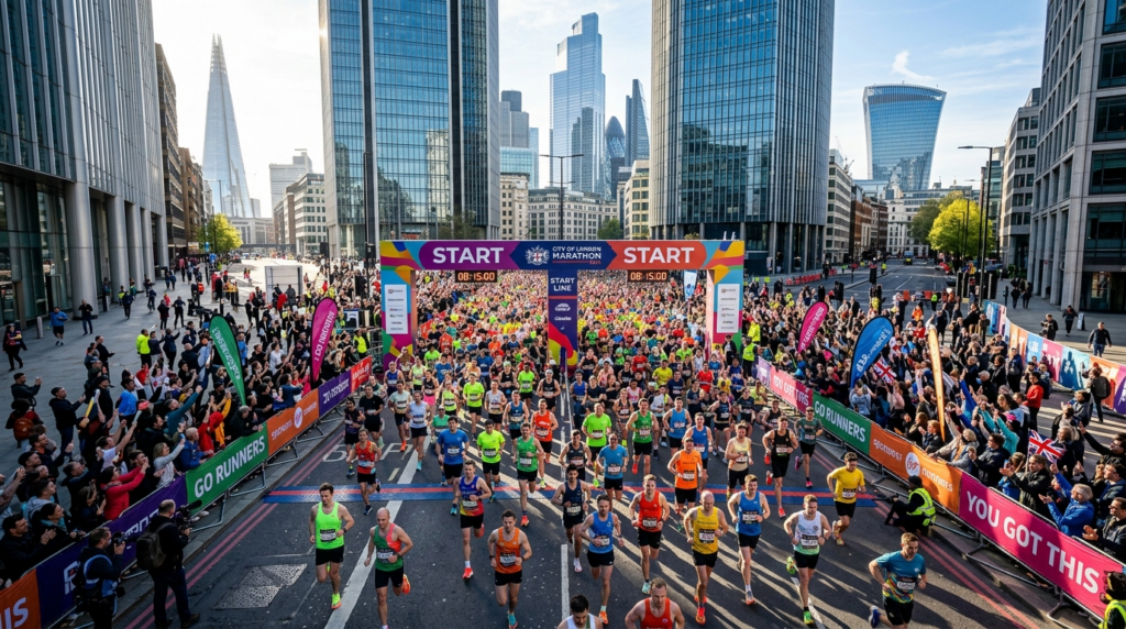 都市型マラソンのスタート地点を走るランナーの群れ