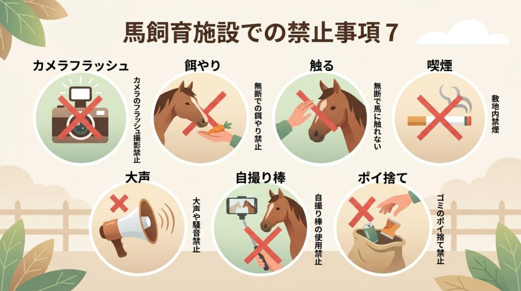 北海道牧場見学の7つのNG行動イラスト。フラッシュ禁止・エサやり禁止・触れる禁止など禁止事項をアイコンで図解。