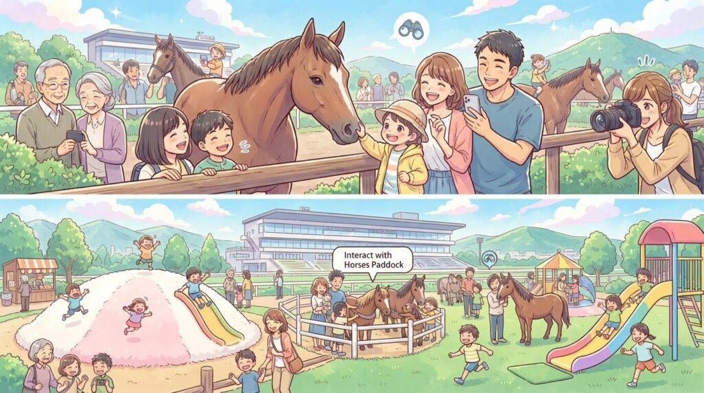 函館の競馬場が子どもから大人まで楽しめる、馬と距離が近い特別な場所であることをアニメで表現したビジュアル
