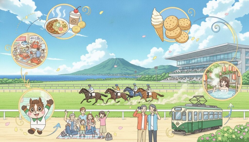 函館競馬場のすべてを一枚にまとめた、夏競馬の総合パンフレットや旅行記事のヒーロー画像に最適なビジュアル