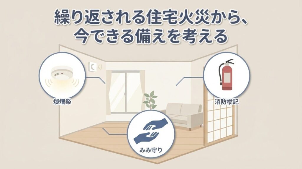 高齢者世帯の防火対策を示すイラスト