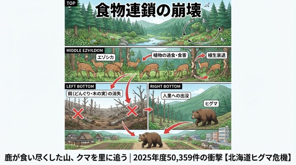 北海道の森の食物連鎖が崩壊している様子を示した図。鹿が増えて下層植生が消えることで、クマの食べ物がなくなり、里へ下りてくるまでのプロセスを視覚化。