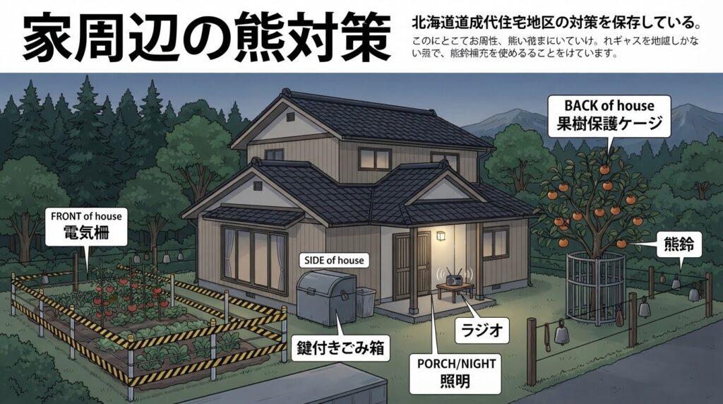北海道の一般家庭で実施できるヒグマ対策を示した図。電気柵、防熊ゴミ箱、熊鈴、照明などを配置。