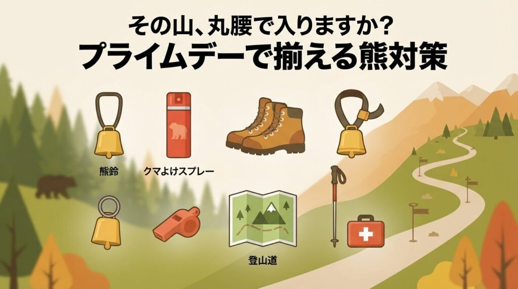 熊対策グッズの熊よけ鈴と熊撃退スプレーをイメージしたアウトドア安全グッズのイラスト