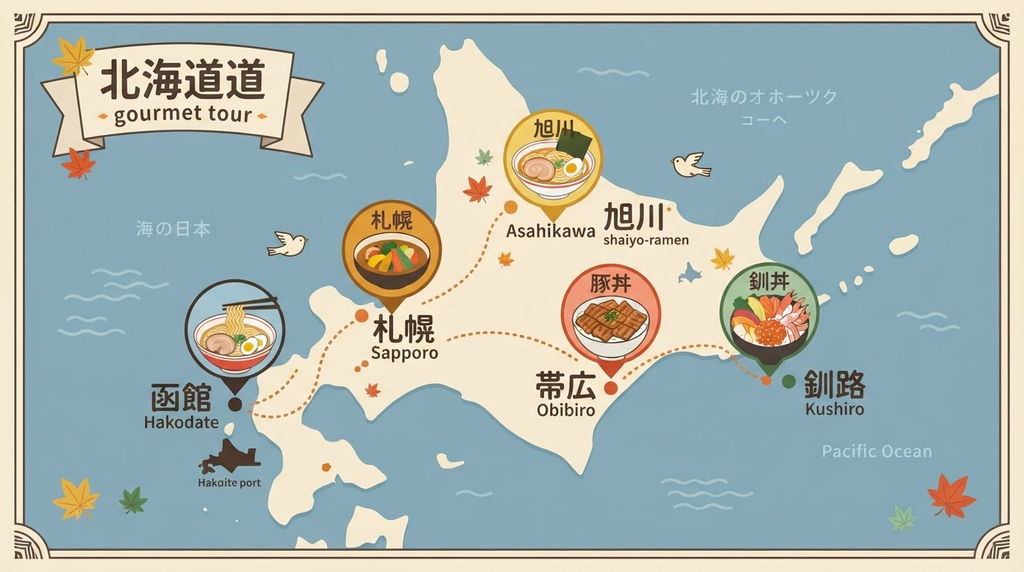 せっかくグルメで紹介された北海道各エリアの名物グルメ、函館塩ラーメン・旭川醤油ラーメン・札幌スープカレー・帯広豚丼・釧路海鮮丼のイラストマップ