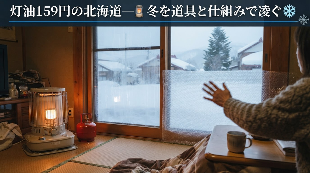 雪景色の窓と石油ストーブ・灯油タンクのある北海道の冬のリビング。断熱シートを貼る手元が写る、冬支度の節約を表したアイキャッチ