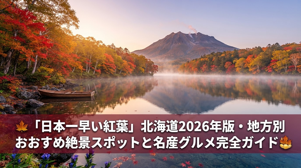 北海道オンネトーの紅葉リフレクションと雌阿寒岳を望む秋の絶景写真