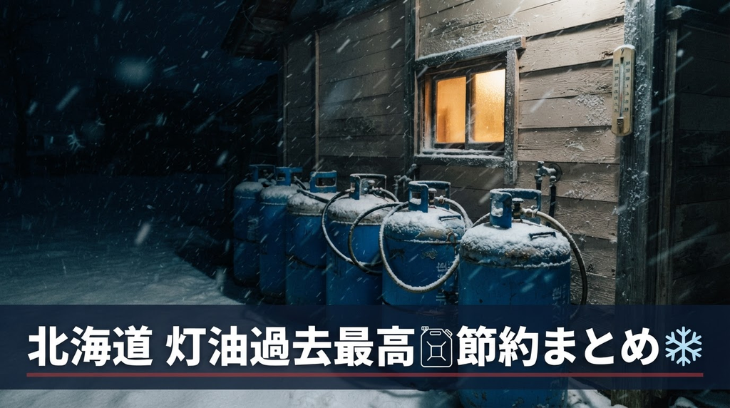 北海道の灯油高騰をイメージした、雪の家の壁に並ぶ灯油タンクの画像