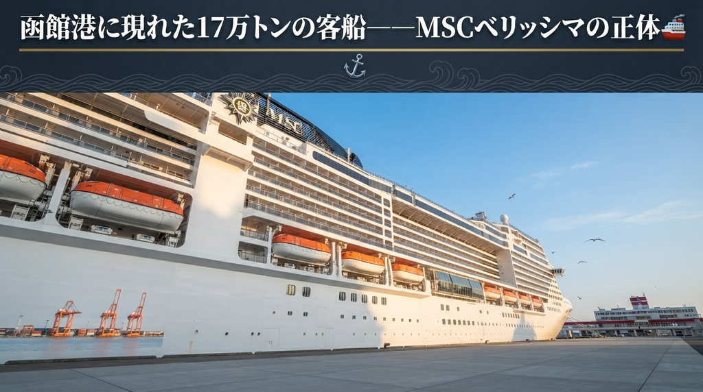 函館港の埠頭に接岸した大型クルーズ客船MSCベリッシマ。白い船体にオレンジ色の救命ボートが並び、遠景に函館の港町が広がる